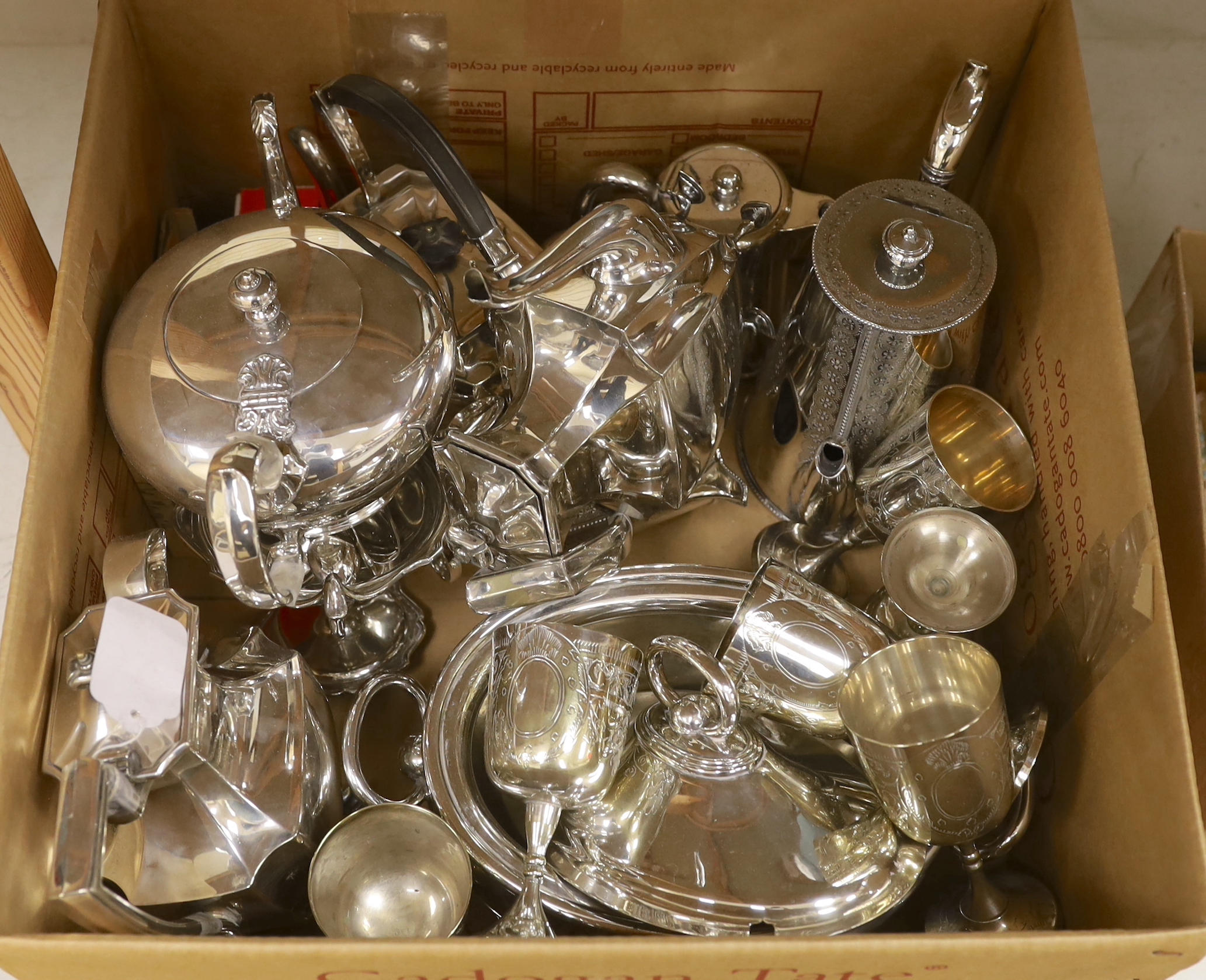 Various silver plated tea and coffee pots, dishes and goblets etc